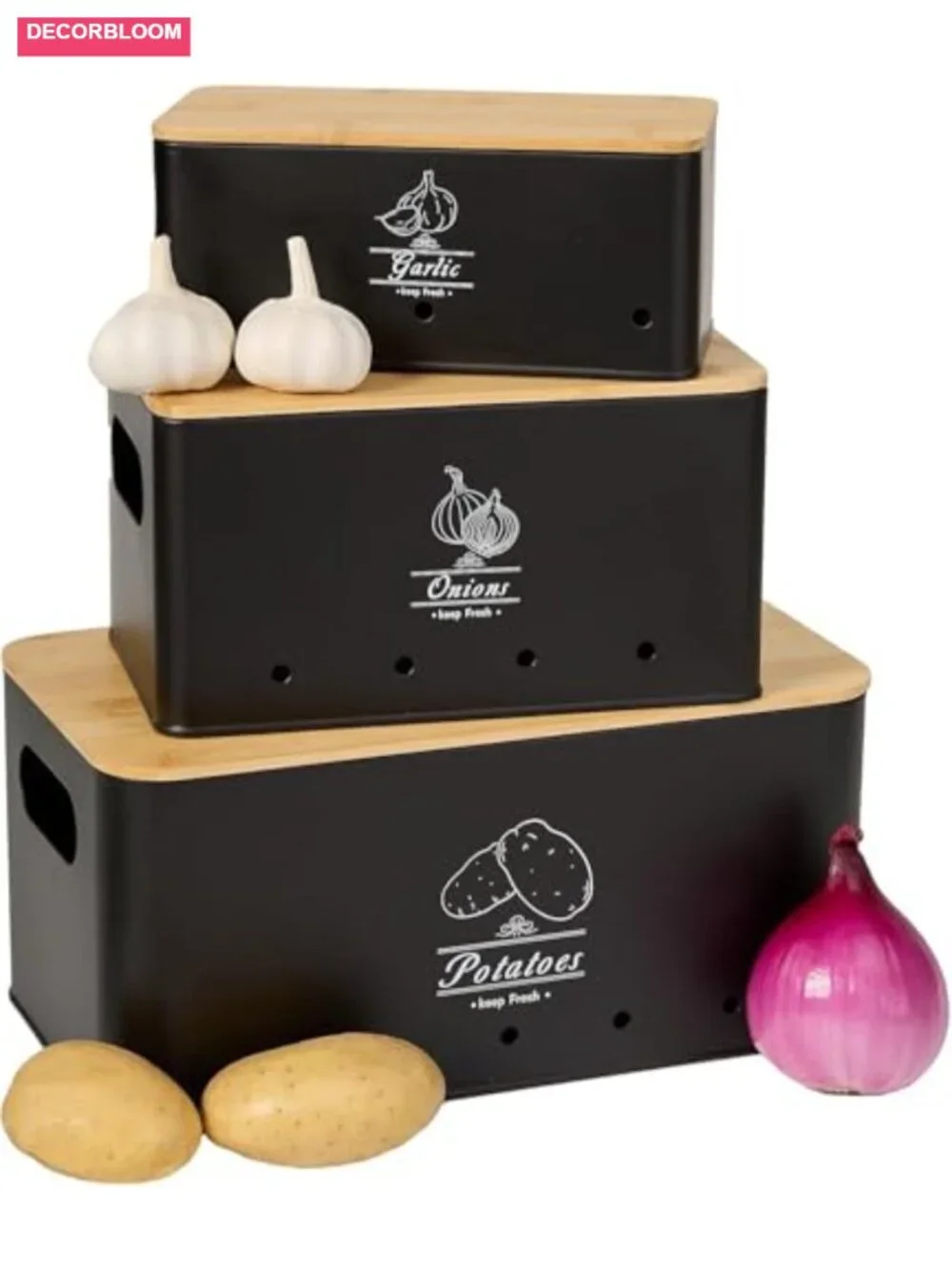 3-Piece Stackable Metal Vegetable Storage Set with Bamboo Lids